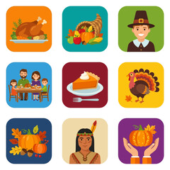 Fototapeta premium thanksgiving holiday icons set with traditional autumn symbols and family dinner elements for seasonal design