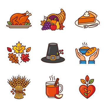 thanksgiving holiday and autumn season flat design icon set featuring traditional harvest symbols and seasonal food.