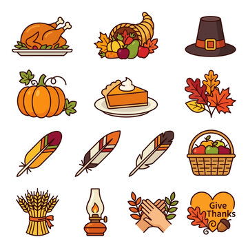 vibrant collection of thanksgiving and autumn icons illustrating holiday gratitude perfect for seasonal designs and celebrations.