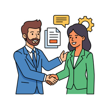 business partners shaking hands after deal with documents and chat icon
