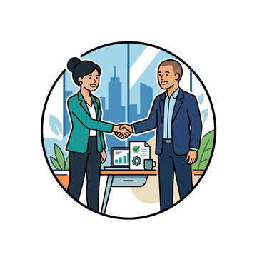 business partners shaking hands in modern office with city view teamwork and success