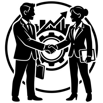business partnership handshake with finance chart and gear icon teamwork success