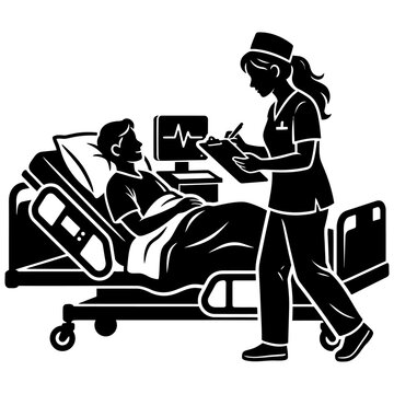 nurse checking on patient in hospital bed with heart monitor display