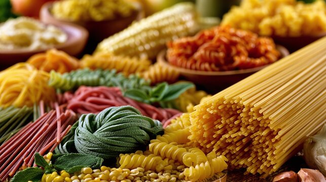 Abundant and Varied Italian Pasta Assortment with Fresh Grains and Herbs for Culinary Creations, Showcasing a Rich Medley of Uncooked Ingredients