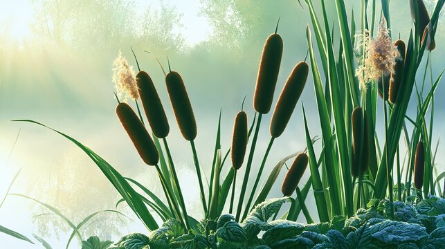 Vibrant Cattails (Typha latifolia) in Golden Morning Light with Soft Mist, Capturing Nature's Serenity and Calmness in a Beautiful Outdoor Scene