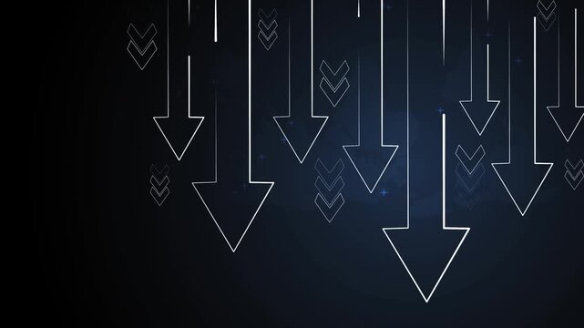 Abstract background with many arrows pointing down showing decline decrease and negative trend animation
