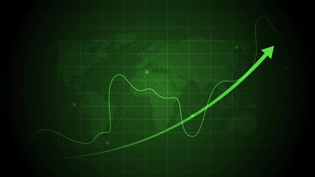 Abstract world map background with grid rising line graph and upward arrow showing global business growth and financial progress animation