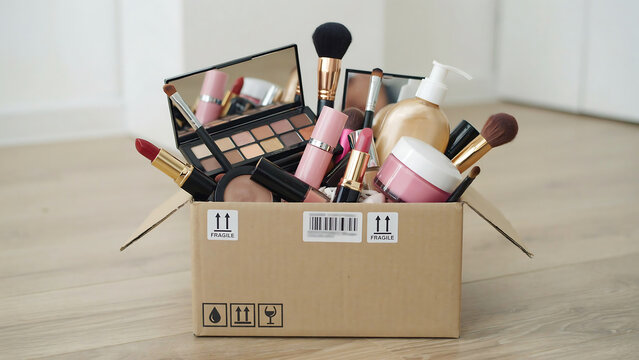 Collection of various cosmetic beauty products packed inside a cardboard box