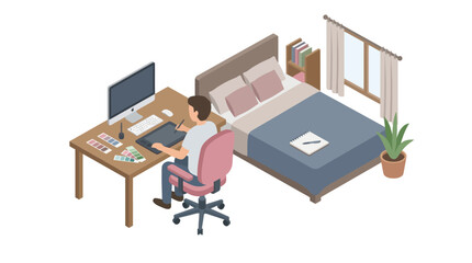 Naklejka premium Isometric illustration of a digital artist working from a home office