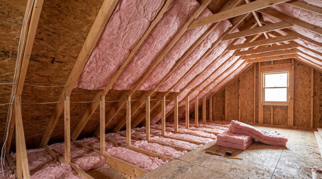 Fiberglass batt insulation fitted neatly between attic rafters and wall studs