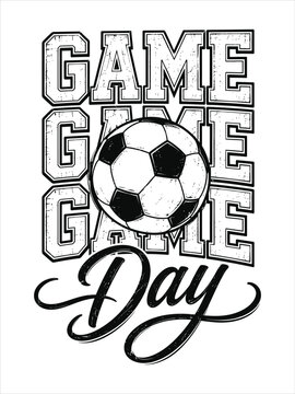 Game Day Soccer Varsity Typography Vector Design with Soccer Ball and Script Lettering on White Background