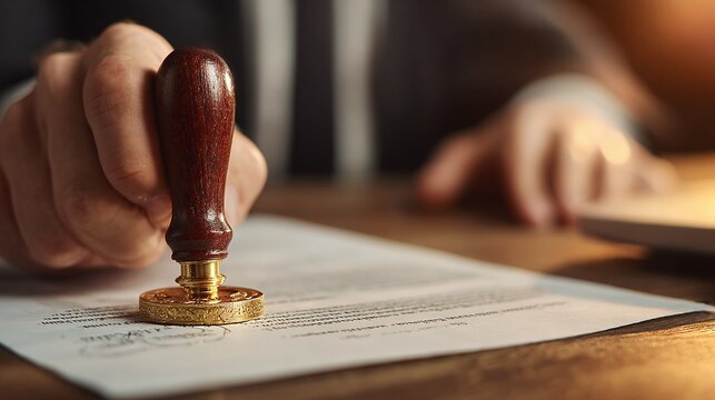 Close-up of a person's hand pressing a traditional, elegant golden and wooden seal stamp onto an official document, signifying approval, authenticity, or legal finalization