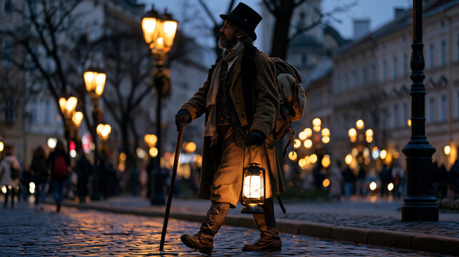 Lamplighter in period costume re-enactment role walking gas-lit urban street at dusk, busy city backdrop behind period street lamps being lit one by one, before and after darkness concept evoking lo