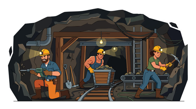 Industrial miners working underground in deep mine tunnel with tools and cart