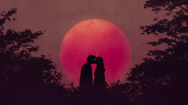 A silhouette of two lovers kissing
