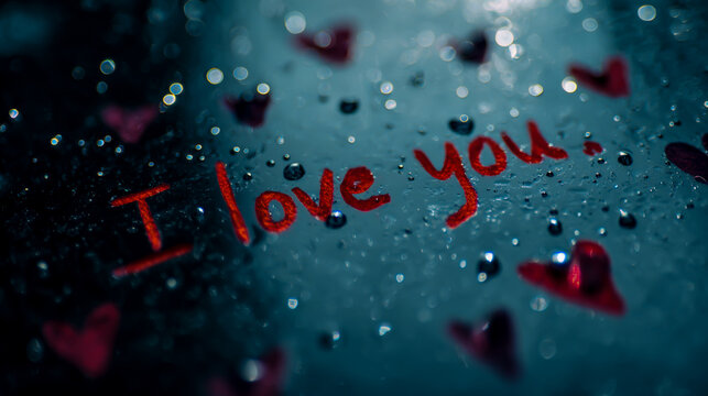 The text I love you written in red ink on dark blue water