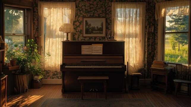 A cozy room featuring a piano with natural light and plants