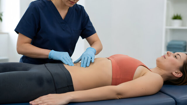 Clinician wearing gloves examines a woman's bare abdomen on a treatment table during a physical therapy visit.