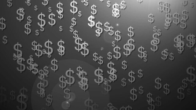 Many dollar signs floating on a dark gray background, showing money finance and wealth concepts animation