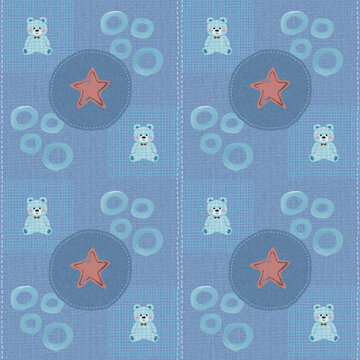 Baby Blue Denim Scrapbook Seamless Pattern with Teddy Bears, Star Patch, and Rings