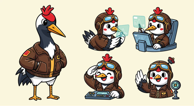 Cute cartoon pilot rooster character set.