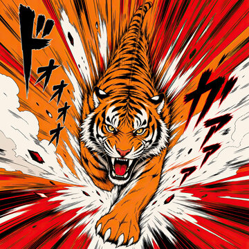 Animation graphics style: tiger runs straight at the viewer, his body stretches into dynamic speed lines and wind effects, tense pose in motion