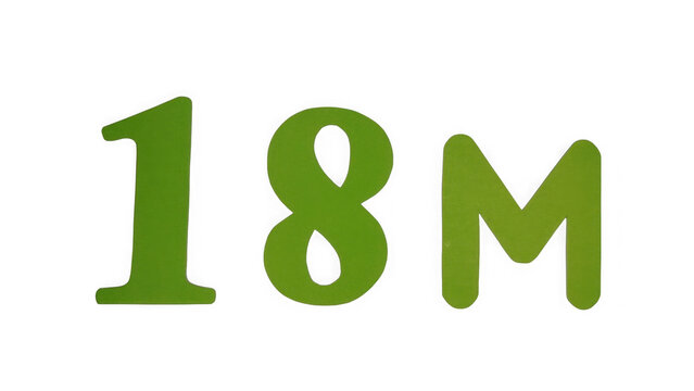Green text label showing the number 18m as a symbol for eighteen million count isolated on transparent background