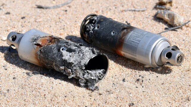 Burned butane canisters found after a fire, showing damaged fuel containers, fire aftermath, safety hazards, explosion risks, emergency response and environmental cleanup concerns