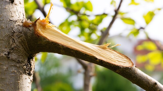 Close-up of broken tree branch with damaged trunk, exposed wood and natural resin after storm or mechanical damage in sunny garden, showing plant injury, recovery, and natural environment concepts