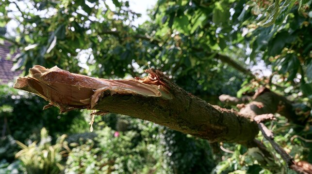 Close-up of broken tree branch with damaged trunk, exposed wood and natural resin after storm or mechanical damage in sunny garden, showing plant injury, recovery, and natural environment concepts