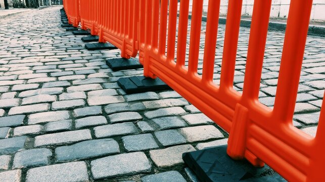 Orange plastic safety fence on grey cobblestone surface, representing construction warning, hazard protection, restricted areas, road maintenance and public safety management concepts