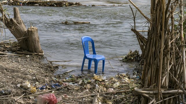 Plastic chair and various debris polluting the river bank water, showing environmental damage, waste contamination, water pollution, ecological problems and the impact of human activities on nature