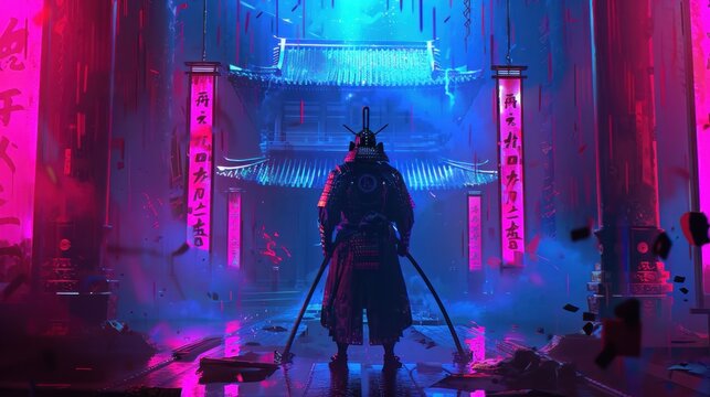 Samurai warrior in futuristic city night scene