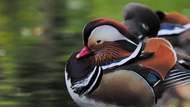 Mandarin duck preening feathers in autumn pond water background