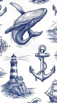Nautical blue ink pattern with whale and lighthouse.