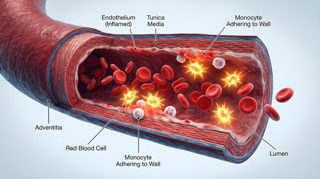 Cross Section of Inflamed Blood Vessel Showing Endothelial Dysfunction and Immune Cell Activity