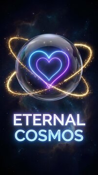 Neon heart inside glowing orb with Eternal Cosmos text.