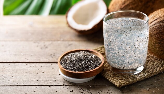 glass of coconut water with chia seeds nutritious drink