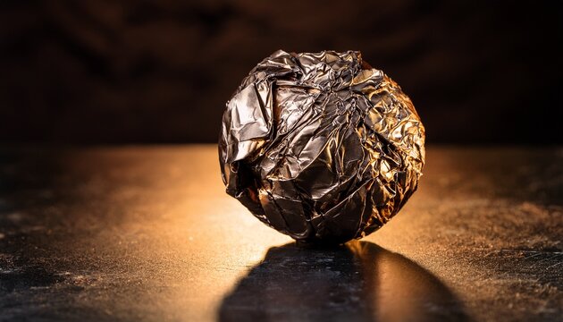crumpled metallic sphere on dark textured surface with warm lighting