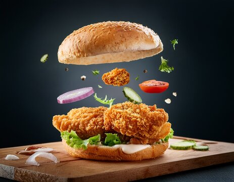fresh crispy fried chicken burger flying ingredients