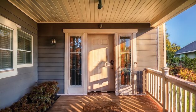 inviting entrance to suburban dwelling showcasing an open door and sunlit porch showcasing