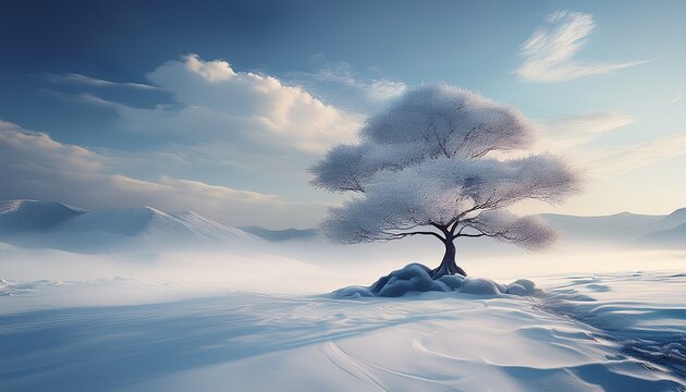 solitary tree standing in a snowy landscape under soft light