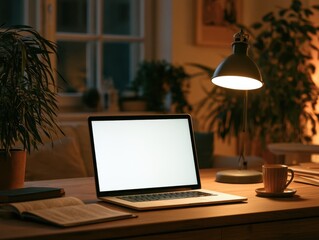 Fototapeta premium Laptop Computer with Blank Screen on Desk at Home Office Evening Light