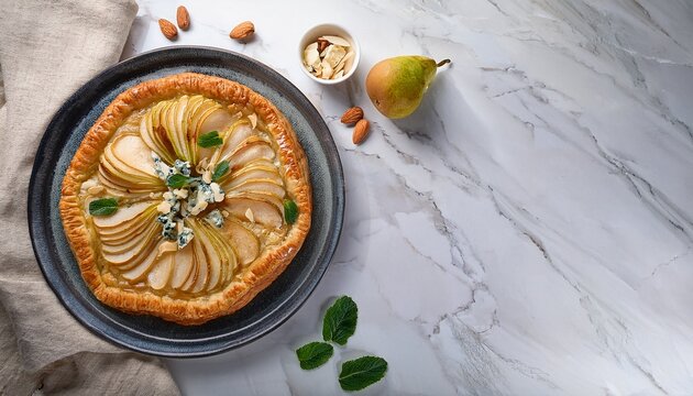 gourmet puff pastry tart with pears almond mint and blue cheese on marble table top view with space for text and copy space