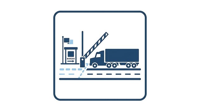 Blue minimalist illustration of a heavy cargo truck passing through a border control checkpoint