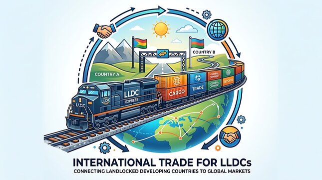 Conceptual illustration of a freight train transporting cargo containers across borders to facilitate international trade for landlocked developing countries.