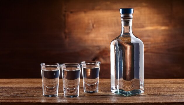 unlabeled bottle and glasses of vodka on wooden background