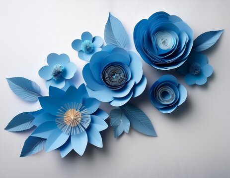 delicate blue paper flowers arranged on a white surface with soft shadows
