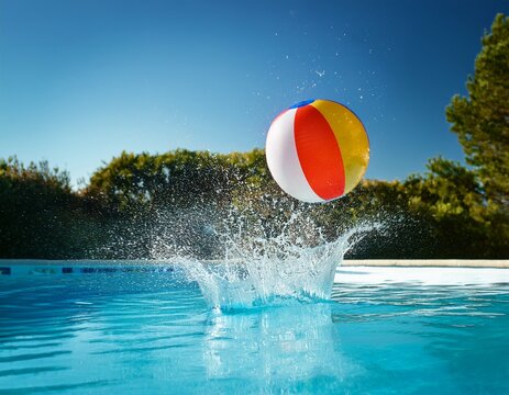 multicolored beach ball tossed swimming pool splashes water bright blue sky