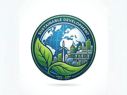 Sustainable development emblem representing green energy and eco friendly city planning on globe background illustration